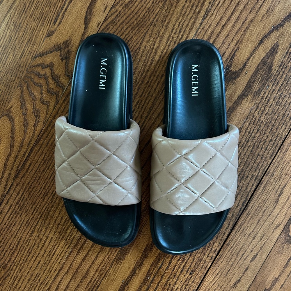 M. Gemi Tan and Black Slide Sandals with Woven Design